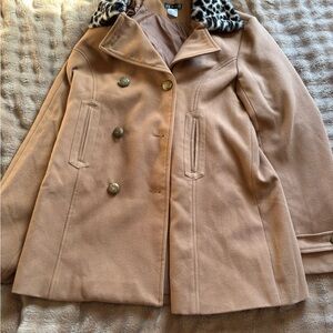 VENUS Tan Pea Coat with Leopard Print Collar